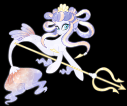 Size: 2374x1972 | Tagged: safe, artist:theroyalartofna, oc, oc only, seapony (g4), black background, blue eyes, colored pupils, curly hair, dorsal fin, eyelashes, female, fins, fish tail, flowing mane, flowing tail, freckles, glowing, seashell, simple background, smiling, solo, sparkles, sunlight, tail, trident