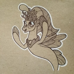 Size: 1024x1024 | Tagged: safe, artist:artspirit00, princess skystar, seapony (g4), g4, my little pony: the movie, coral, dorsal fin, female, fin wings, fins, flowing mane, freckles, inktober, jewelry, looking up, necklace, open mouth, pearl, pearl necklace, simple background, smiling, solo, traditional art, wings