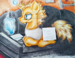 Size: 1024x799 | Tagged: safe, artist:maryhoovesfield, oc, oc only, pony, unicorn, couch, glowing horn, horn, indoors, magic, ponyloaf, signature, sitting, solo, telekinesis, traditional art, unicorn oc