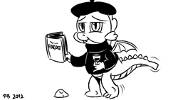 Size: 1200x675 | Tagged: safe, artist:pony-berserker, part of a set, spike, dragon, g4, alcohol, beatnik, beret, book, disguise, hat, looking at you, solo, wine