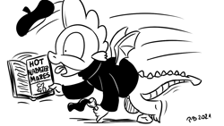 Size: 1200x675 | Tagged: safe, artist:pony-berserker, part of a set, spike, dragon, pony-berserker's twitter sketches, g4, alcohol, beatnik, beret, book, hat, looking at you, male, monochrome, rock, solo, tongue out, tripping, wine