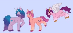 Size: 2990x1372 | Tagged: safe, artist:halotiless, izzy moonbow, pipp petals, sunny starscout, earth pony, pegasus, pony, unicorn, g5, blue background, braid, female, flying, mare, open mouth, raised hoof, red eyes, red-eyed pipp, simple background, smiling, unshorn fetlocks, wings