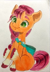 Size: 1422x2048 | Tagged: safe, artist:veryjelly123, sunny starscout, earth pony, pony, g5, badge, bag, braid, female, mare, missing cutie mark, sitting, smiling, solo, traditional art, unshorn fetlocks