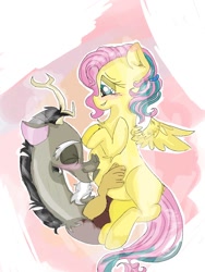 Size: 780x1040 | Tagged: safe, artist:cocolove2176, discord, fluttershy, draconequus, pegasus, pony, g4, abstract background, alternate hairstyle, blushing, cute, discute, eyelashes, eyes closed, female, kissing, male, mare, preggoshy, pregnant, ship:discoshy, shipping, shyabetes, straight, wings