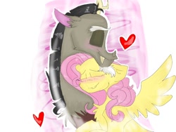 Size: 1040x780 | Tagged: safe, artist:cocolove2176, discord, fluttershy, draconequus, pegasus, pony, g4, abstract background, bust, chest fluff, eyes closed, female, heart, male, mare, ship:discoshy, shipping, smiling, straight, wings
