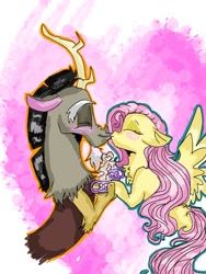 Size: 780x1040 | Tagged: safe, artist:cocolove2176, discord, fluttershy, draconequus, pegasus, pony, g4, abstract background, bust, cup, eyes closed, female, flying, kissing, male, mare, ship:discoshy, shipping, straight, wings