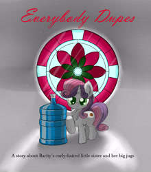 Size: 4000x4550 | Tagged: safe, artist:hisp, sweetie belle, pony, unicorn, fanfic:everybody dupes, g4, alternative cutie mark placement, bottle, fanfic, fanfic art, fanfic cover, female, filly, simple background, smug, solo, text, window