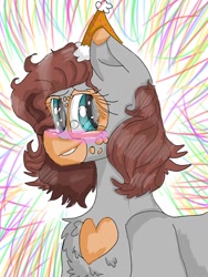 Size: 780x1040 | Tagged: safe, artist:cocolove2176, oc, oc only, earth pony, pony, blushing, bust, chest fluff, earth pony oc, eyelashes, grin, hat, party hat, smiling, solo