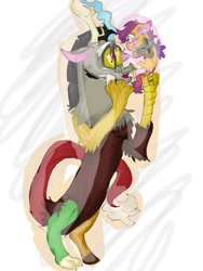 Size: 780x1040 | Tagged: safe, artist:cocolove2176, oc, oc:coraliss rose, draconequus, hybrid, pegasus, pony, abstract background, draconequus oc, female, interspecies offspring, male, mare, offspring, parent:discord, parent:fluttershy, parents:discoshy, wings