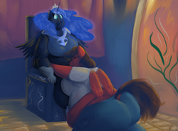 Size: 2031x1497 | Tagged: safe, artist:lupin quill, nightmare moon, oc, oc:redbow rose, alicorn, pegasus, anthro, unguligrade anthro, bbw, belly, big belly, bingo wings, breasts, butt, clothes, crown, dock, eyes closed, fat, fat fetish, fetish, hug, jewelry, large butt, lineless, obese, pegasus oc, regalia, sitting, smiling, spread wings, stained glass, tapestry, throne, tight clothing, wings
