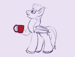 Size: 619x468 | Tagged: safe, artist:redquoz, oc, oc only, oc:devin, bat pony, pony, bat pony oc, cup, cute, digital art, happy, holding, looking up, mug, red, simple background, sketch, smiling, solo, white background