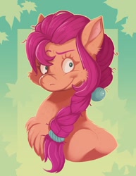 Size: 732x950 | Tagged: safe, artist:nickelsspider, sunny starscout, earth pony, pony, g5, abstract background, braid, bust, cheek fluff, chest fluff, ear fluff, female, mare, portrait, smiling, solo