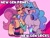 Size: 4000x3000 | Tagged: safe, artist:befishproductions, izzy moonbow, sunny starscout, trixie, twilight sparkle, earth pony, pony, unicorn, g4, g5, abstract background, badge, bag, blushing, clothes, duo, eyes closed, female, high res, hug, mare, open mouth, raised hoof, sock on horn, socks, striped socks, text, tongue out, unshorn fetlocks