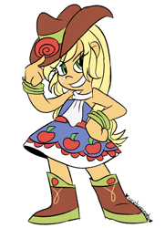 Size: 860x1190 | Tagged: safe, artist:mirabuncupcakes15, applejack, equestria girls, g4, my little pony equestria girls, applejack's hat, bare shoulders, boots, clothes, cowboy boots, cowboy hat, dress, fall formal outfits, female, freckles, grin, hat, scarf, shoes, simple background, sleeveless, smiling, solo, strapless, white background, wristband