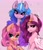 Size: 1759x2048 | Tagged: safe, artist:siripim111, izzy moonbow, pipp petals, sunny starscout, earth pony, pegasus, pony, unicorn, g5, :3, adorapipp, braid, chest fluff, cute, ear fluff, female, izzybetes, lidded eyes, looking at you, mare, pink background, raised hoof, red eyes, red-eyed pipp, signature, simple background, smiling, sparkles, sunnybetes