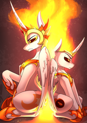 Size: 2480x3508 | Tagged: safe, artist:underpable, daybreaker, oc, oc:dawnstar, alicorn, pony, g4, alicorn oc, armor, back to back, commission, cutie mark, duo, high res, horn, jewelry, not daybreaker, regalia, sitting, wings