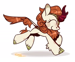 Size: 2358x1944 | Tagged: safe, artist:~w0xel~, autumn blaze, kirin, g4, eyes closed, female, horn, leonine tail, running, signature, simple background, smiling, solo, tail, unshorn fetlocks, white background