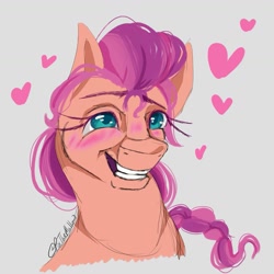 Size: 1575x1575 | Tagged: safe, artist:pixthemallow, sunny starscout, earth pony, pony, g5, blushing, braid, bust, eyelashes, female, grin, heart, mare, portrait, simple background, smiling, solo, teeth