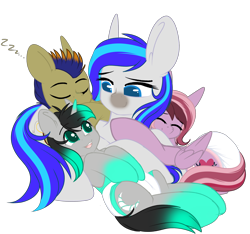 Size: 2976x2784 | Tagged: safe, artist:xcinnamon-twistx, oc, oc only, oc:hooklined, oc:midnight magic, oc:seafire, oc:talia lilac, earth pony, pegasus, pony, unicorn, baby, cuddling, cute, diaper, female, high res, male, mommy, onomatopoeia, simple background, sleeping, sound effects, transparent background, zzz