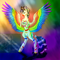 Size: 5800x5800 | Tagged: safe, artist:florarena-kitasatina/dragonborne fox, oc, oc only, pegasus, pony, zebra, absurd resolution, colored wings, hybrid oc, male, mohawk, multicolored wings, rainbow, rainbow stripes, rainbow wings, redraw, shading, signature, solo, spread wings, stallion, watermark, wings, zebra oc