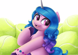 Size: 2806x1984 | Tagged: safe, artist:pyropk, izzy moonbow, pony, unicorn, g5, adorable face, ball, bracelet, cute, female, izzy's tennis ball, izzybetes, jewelry, long hair, mare, open mouth, raised hoof, solo, tennis ball, that pony sure does love tennis balls, unshorn fetlocks