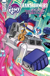 Size: 1349x2048 | Tagged: safe, artist:tony fleecs, idw, dj pon-3, octavia melody, vinyl scratch, earth pony, pony, robot, unicorn, g4, the magic of cybertron, spoiler:comic, spoiler:the magic of cybertron03, bow (instrument), cello, cover, cover art, female, idw publishing, mare, musical instrument, record, soundwave, transformers