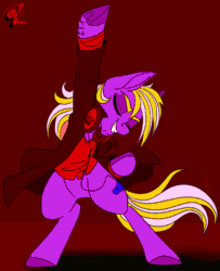 Size: 560x688 | Tagged: safe, artist:brainiac, editor:captainhoers, oc, oc only, oc:sound check, earth pony, pony, animated, bipedal, bottomless, clothes, disco, featureless crotch, flashing, flashing lights, gif, headphones, male, partial nudity, solo, stallion