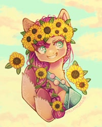 Size: 1097x1365 | Tagged: safe, artist:verymelancollie, sunny starscout, earth pony, pony, g5, badge, bag, blushing, bust, cloud, cute, female, flower, flower in hair, mare, sky, smiling, solo, sunflower, sunnybetes, unshorn fetlocks