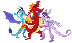 Size: 4741x2842 | Tagged: safe, alternate version, artist:dutchcrafter, artist:melisareb, artist:suramii, edit, vector edit, garble, princess ember, prominence, dragon, g4, shadow play, triple threat, .svg available, background dragon, bisexual, cute, dominant, dragoness, eyes closed, female, harem, high res, inkscape, looking up, male, open mouth, polyamory, promibetes, proud, ship:emble, ship:garbinence, shipping, simple background, smiling, straight, teenaged dragon, teeth, transparent background, trio, vector