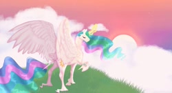 Size: 1201x650 | Tagged: safe, artist:softiesuns, princess celestia, alicorn, pony, g4, curved horn, eyes closed, facing away, female, glowing horn, horn, large wings, leonine tail, long feather, mare, raised hoof, solo, sunrise, wings