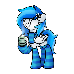 Size: 1240x1240 | Tagged: safe, artist:sugar morning, oc, oc only, oc:winter white, pony, clothes, flower, flower in hair, green tea, raised hoof, scarf, simple background, smiling, socks, solo, striped socks, transparent background