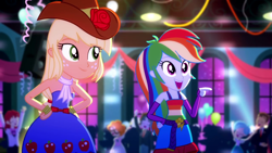 Size: 1280x720 | Tagged: safe, screencap, applejack, rainbow dash, scribble dee, equestria girls, g4, my little pony equestria girls: summertime shorts, raise this roof, bare shoulders, belt, clothes, cowboy hat, cutie mark, cutie mark on clothes, duo focus, fall formal outfits, female, hand on hip, hat, open mouth, pointing, sleeveless, smiling, strapless