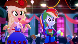 Size: 1280x720 | Tagged: safe, screencap, applejack, nolan north, rainbow dash, scribble dee, equestria girls, g4, my little pony equestria girls: summertime shorts, raise this roof, bare shoulders, belt, clothes, cowboy hat, cute, cutie mark, cutie mark on clothes, dashabetes, duo, duo female, duo focus, fall formal outfits, female, hands behind back, hat, jackabetes, open mouth, sleeveless, smiling, strapless