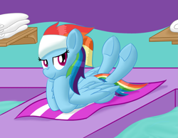 Size: 1907x1479 | Tagged: safe, artist:notadeliciouspotato, rainbow dash, pegasus, pony, deep tissue memories, g4, my little pony: friendship is forever, bedroom eyes, female, hoof on chin, legs in air, looking at you, lying down, mare, prone, smiling, smiling at you, solo, spa pony rainbow dash, towel, underhoof, wings