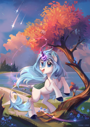 Size: 2063x2895 | Tagged: safe, artist:makaronder, oc, oc only, kirin, high res, kirin oc, magic, open mouth, rearing, scenery, shooting star, smiling, solo, tree