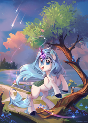 Size: 2063x2895 | Tagged: safe, alternate version, artist:makaronder, oc, oc only, kirin, high res, kirin oc, magic, open mouth, rearing, scenery, shooting star, smiling, solo, tree