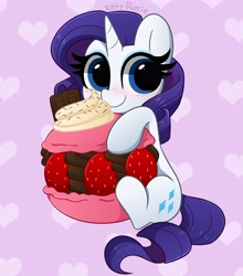 Size: 3611x4096 | Tagged: safe, artist:kittyrosie, rarity, pony, unicorn, g4, blushing, chocolate, cute, female, food, fruit, herbivore, kittyrosie is trying to murder us, macaron, mare, raribetes, smiling, solo, strawberry, sweet dreams fuel, weapons-grade cute, whipped cream