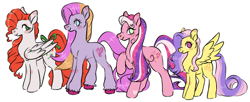 Size: 1202x492 | Tagged: safe, artist:polymercorgi, dazzle surprise, muse (g2), paradise, sunny rays, earth pony, pony, unicorn, g1, g2, g3, g4, g1 to g4, g2 to g4, g3 to g4, generation leap, simple background, white background