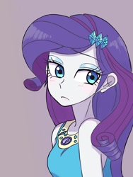 Size: 1620x2160 | Tagged: safe, artist:haibaratomoe, rarity, equestria girls, g4, :c, blushing, breasts, busty rarity, clothes, cutie mark, cutie mark on clothes, female, frown, geode of shielding, looking back, magical geodes, purple background, rarity peplum dress, simple background, solo