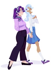 Size: 778x1024 | Tagged: safe, artist:viviana;ruyz, starlight glimmer, trixie, human, g4, blushing, clothes, dark skin, female, flats, holding hands, humanized, lesbian, light skin, mary janes, ponytail, ship:startrix, shipping, shoes, skirt, socks, sweater, tan skin