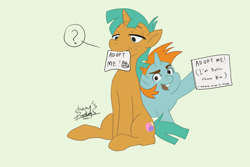 Size: 1772x1181 | Tagged: safe, artist:shacy's pagelings, snails, snips, pony, unicorn, g4, looking at you, male, mouth hold, question mark, sitting