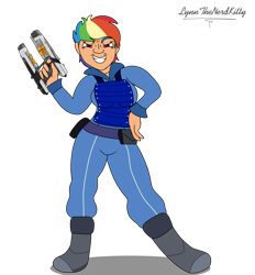 Size: 1280x1378 | Tagged: safe, artist:small-brooke1998, rainbow dash, human, g4, clothes, crossover, grin, guardians of the galaxy, humanized, jumpsuit, smiling, weapon