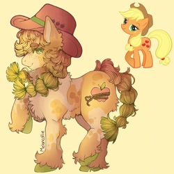 Size: 1440x1440 | Tagged: safe, artist:verymelancollie, applejack, earth pony, pony, g4, alternate cutie mark, eyebrows, eyebrows visible through hair, fluffy, hat, raised hoof, redesign, simple background, solo, stock vector, yellow background