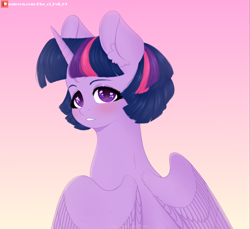 Size: 3500x3200 | Tagged: safe, artist:rise_of_evil_69, twilight sparkle, alicorn, pony, g4, alternate hairstyle, blushing, bust, cute, female, gradient background, heart eyes, high res, looking at you, looking back, mare, patreon, patreon logo, portrait, rear view, short mane, solo, twiabetes, twilight sparkle (alicorn), wingding eyes, wings