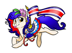 Size: 1280x943 | Tagged: safe, artist:lasserland, oc, oc:panchita, pegasus, pony, beauty mark, bow, costa rica, ear piercing, earring, flag, flower, jewelry, nation ponies, piercing, ponified, saddle, tack, tongue out