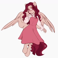 Size: 1574x1582 | Tagged: safe, artist:crimmharmony, oc, oc only, oc:crimm harmony, pegasus, anthro, unguligrade anthro, blushing, clothes, dress, looking at you, simple background, solo, spread wings, wings