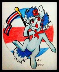 Size: 1280x1571 | Tagged: safe, artist:ariryuzaki, oc, oc:panchita, earth pony, pony, bandana, costa rica, female, flag, flower, looking at you, nation ponies, open mouth, ponified, signature, traditional art