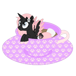Size: 1700x1700 | Tagged: safe, artist:katelynleeann42, oc, oc only, oc:midnight kitty, alicorn, bat pony, bat pony alicorn, pony, bat wings, cup, cup of pony, female, horn, mare, micro, simple background, solo, teacup, transparent background, unmoving plaid, wings