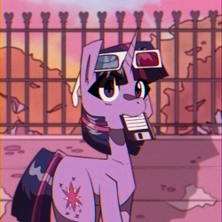 Size: 1000x1000 | Tagged: safe, artist:provolonepone, twilight sparkle, pony, unicorn, g4, 3d glasses, chromatic aberration, cute, female, fence, floppy disk, looking at you, mare, mouth hold, nom, solo, tree, twiabetes, unicorn twilight