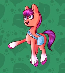 Size: 1464x1644 | Tagged: safe, artist:loviecaowieca, sunny starscout, earth pony, pony, g5, abstract background, badge, bag, female, mare, open mouth, raised hoof, solo, unshorn fetlocks